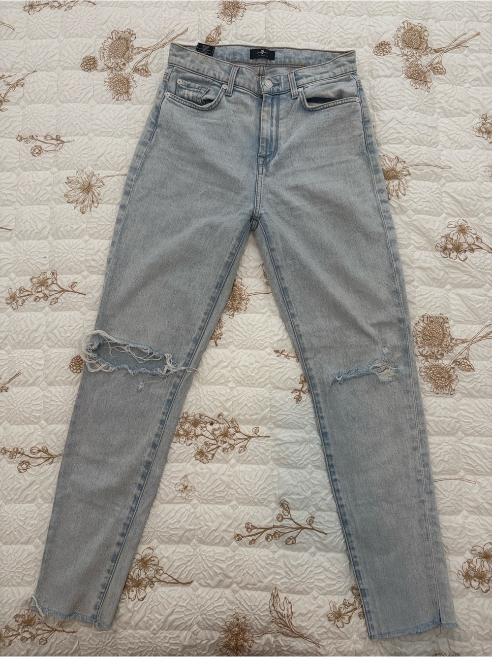 7 For All Mankind Light Blue Skinny Jeans with Knee Rips